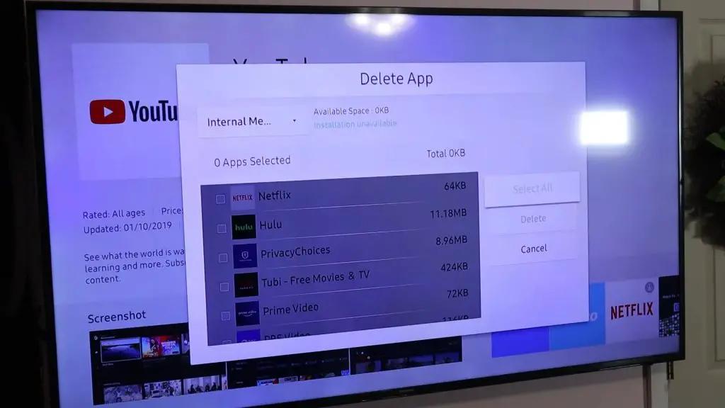 Samsung TV- Memory full, cannot delete any apps